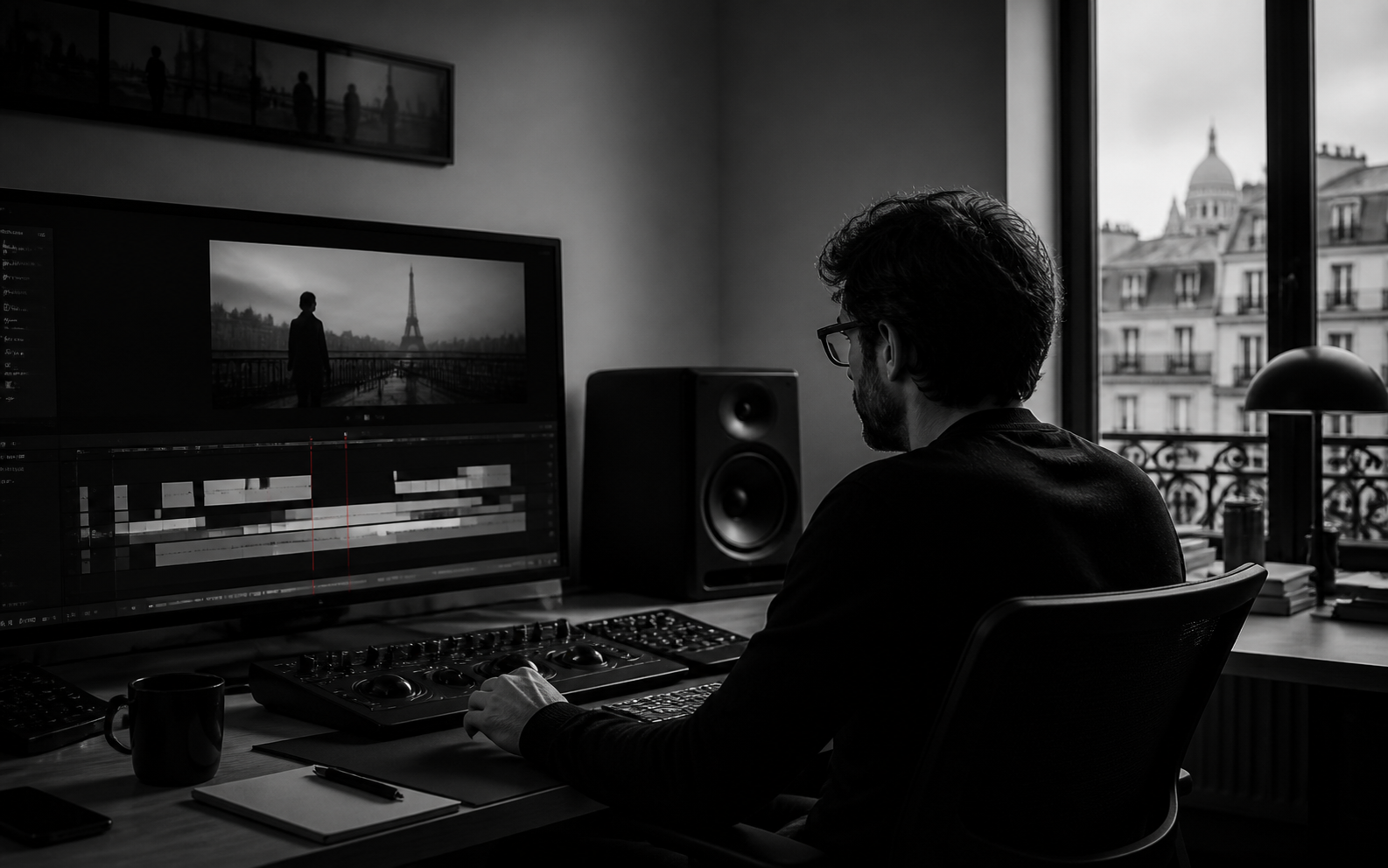 Monteur dans une salle de postproduction parisienne